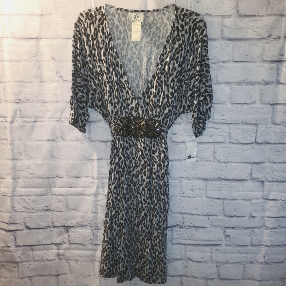 Ice Pullover V-Neck Faux Wrap Dolman Sleeve Leopard Dress, M, Black Multi